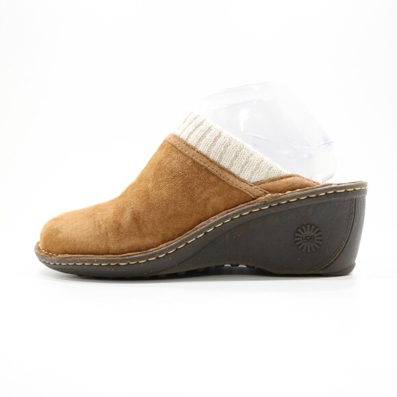 UGG Gael Brown Leather Wool-Lined 2.5" Wedge Heel Clogs - 8 - Picture 1 of 7